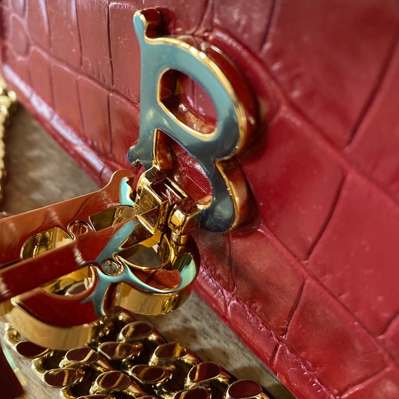Burberry Dark Carmine Red Croc Embossed TB Chain Strap Crossbody Bag - Picture 15 of 15